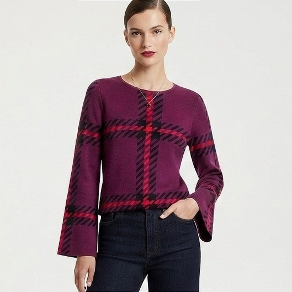 Ann Taylor Plaid Bell Sleeve Sweater Women Size XS Burgundy Fall Wool Blend  EUC